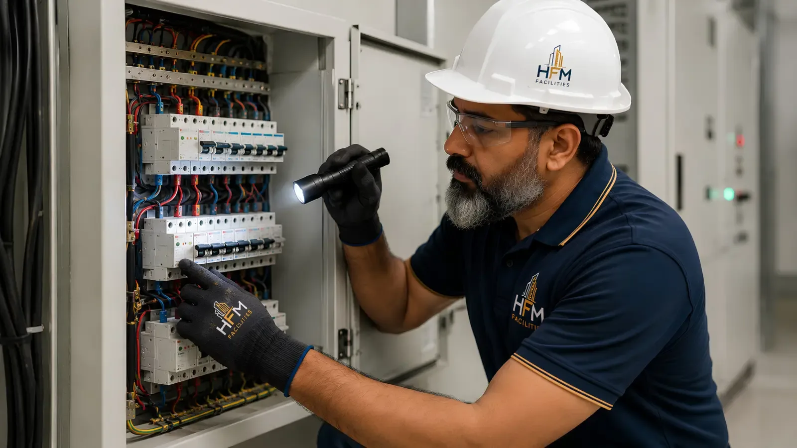 HFM Facilities electrician performing electrical panel inspection and maintenance in Dubai