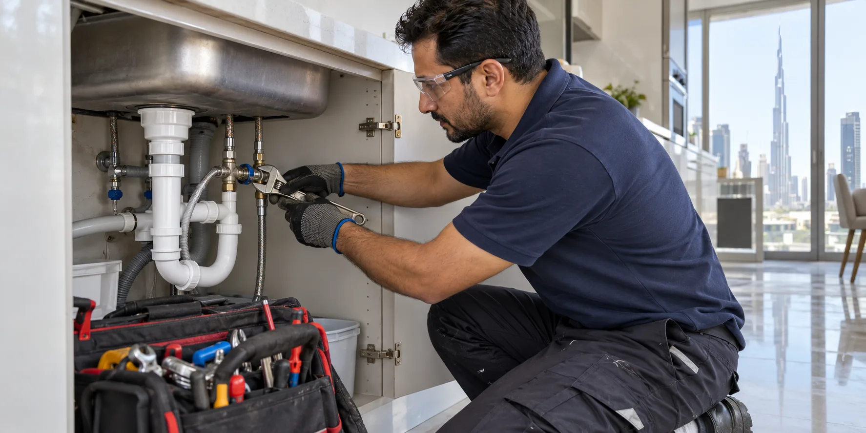 Professional plumber repairing a leaking pipe under a kitchen sink in Dubai